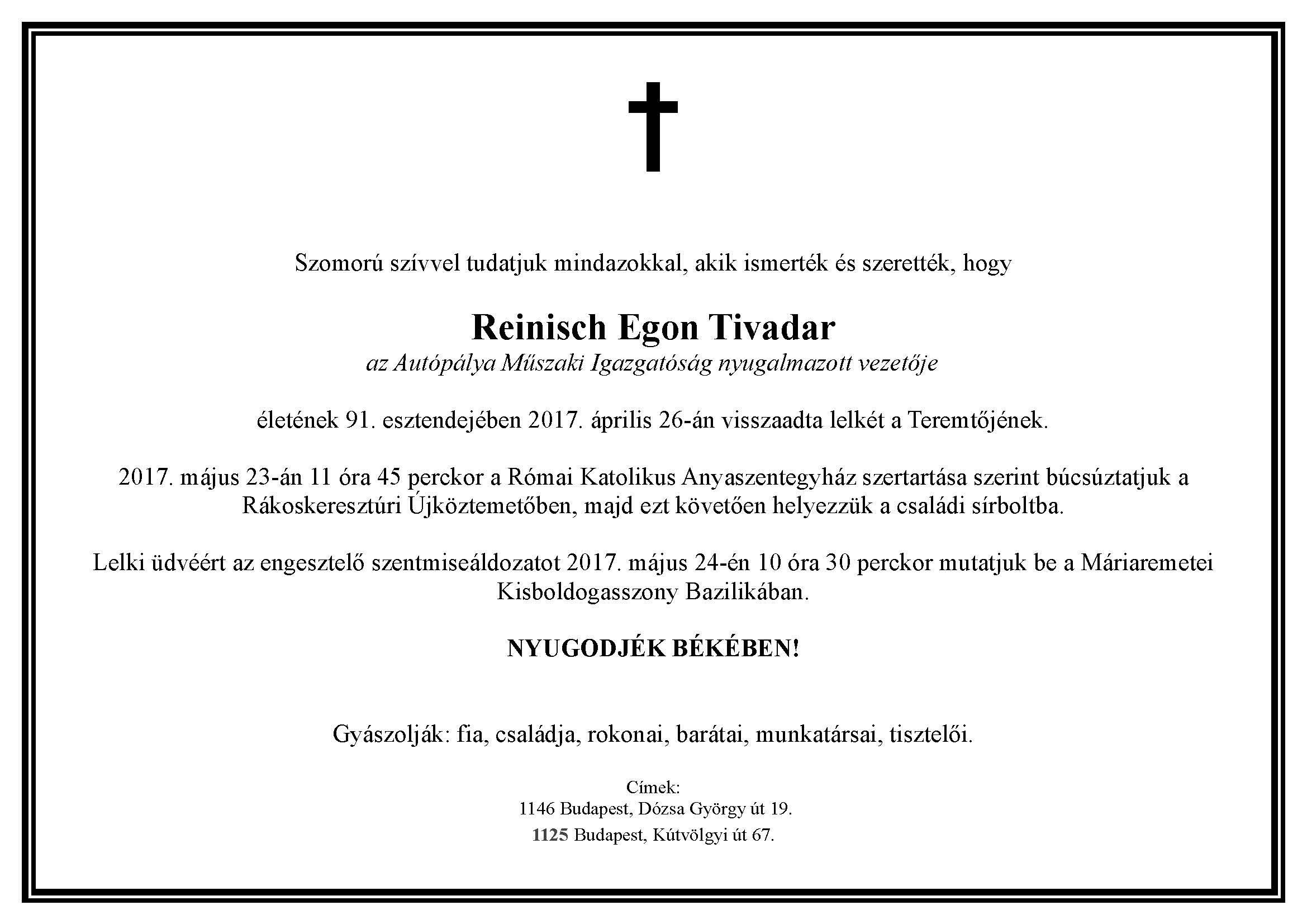 Gyászjelentés - Reinisch Egon Tivadar